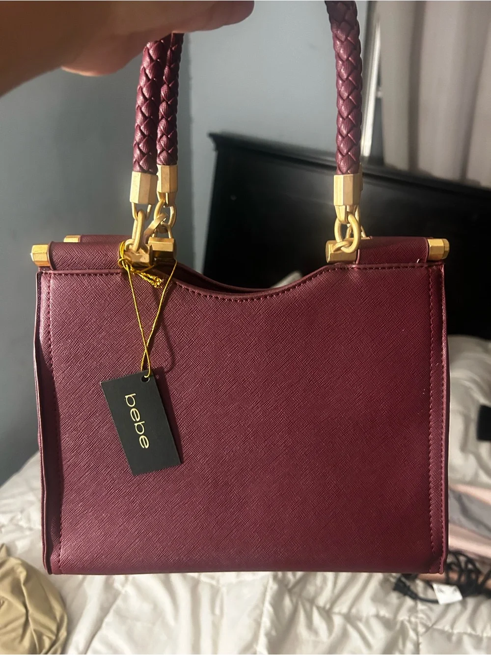 bebe Burgundy Braided-Handle Satchel with Gold Hardware